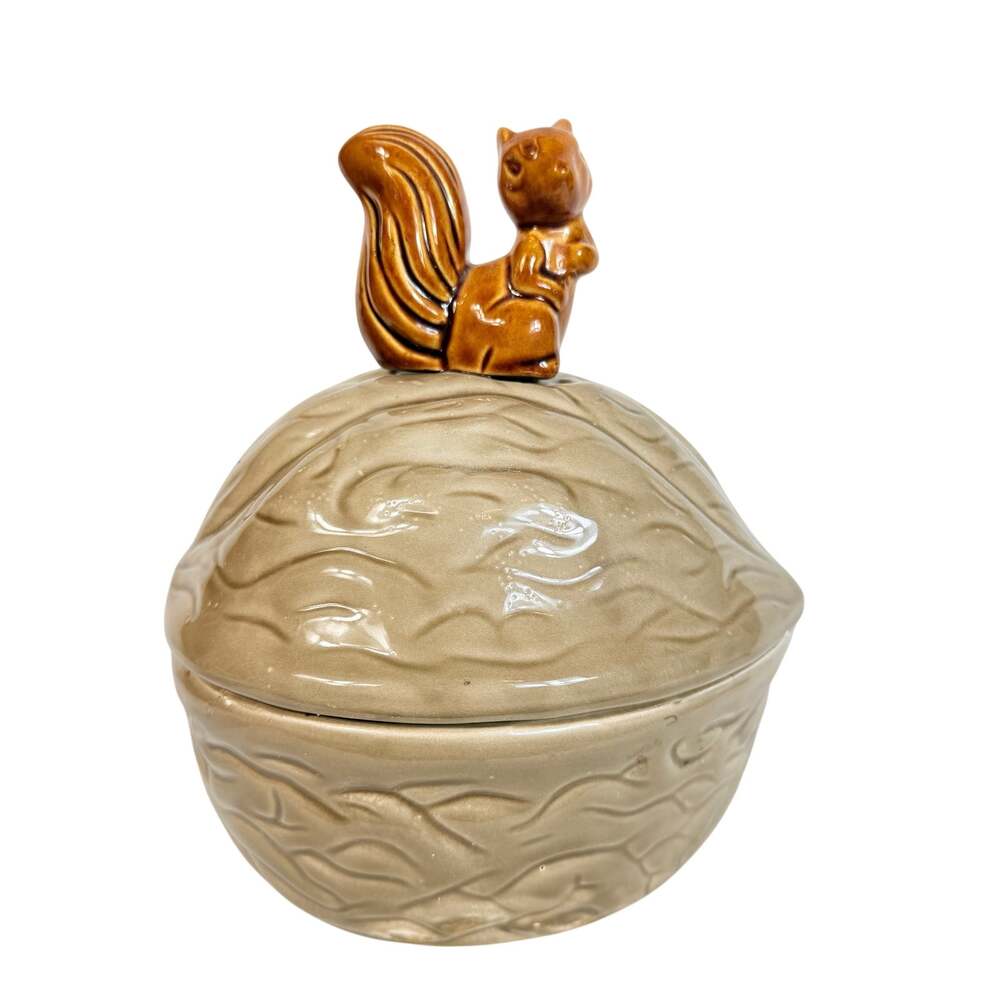 7" Vintage 1970s Ceramic Squirrel on Walnut Candy Nut Dish With Lid MCM